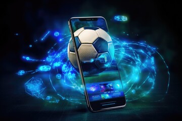 Online concept of virtual sports betting on soccer using smartphone, currency and ball