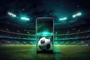 Online concept of virtual sports betting on soccer using smartphone, currency and ball