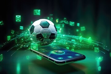 Online concept of virtual sports betting on soccer using smartphone, currency and ball - 719586251