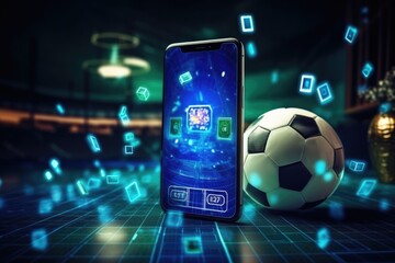 Online concept of virtual sports betting on soccer using smartphone, currency and ball - obrazy, fototapety, plakaty