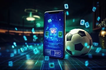 Tuinposter Online concept of virtual sports betting on soccer using smartphone, currency and ball © kozirsky