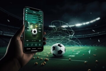 Online concept of virtual sports betting on soccer using smartphone, currency and ball