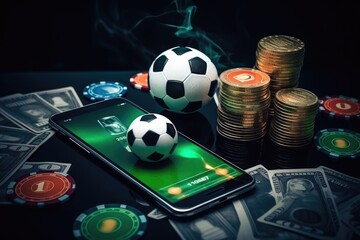 Online concept of virtual sports betting on soccer using smartphone, currency and ball