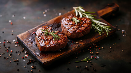 Two juicy grilled beef steak, herbs and spices in shape of heart for Valentines day for a romantic meal On a black stone background.