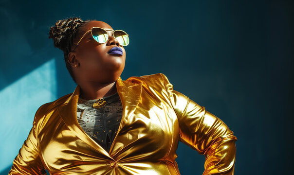 Confident Woman in Satin Gold Jacket, Reflective Sunglasses, and Bold Attitude