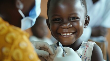 Happy African child receiving vaccination - obrazy, fototapety, plakaty
