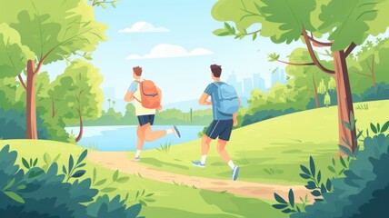young couple rucking with backpack on the back, doing fitness in sport clothes on the park on summer day,