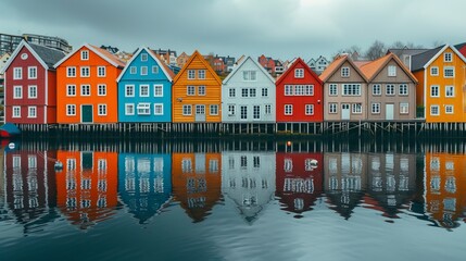Colorful houses over water in Trondheim city - Norway - obrazy, fototapety, plakaty
