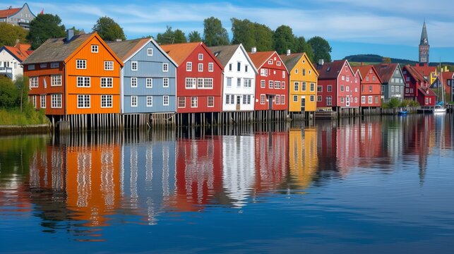 Colorful houses over water in Trondheim city - Norway