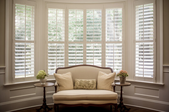 Bow Windows Shutters, Interior View With Classic Vintage Couch