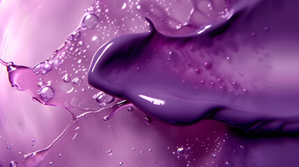 Dynamic Purple Liquid Splash and Droplets on Glossy Surface Background