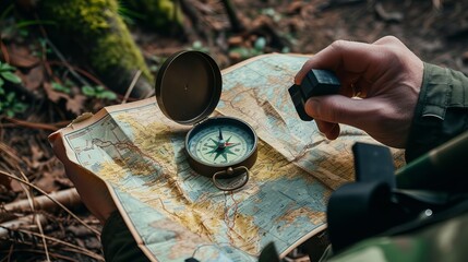 Handling a military compass and map. Survival, outdoors and military theme - obrazy, fototapety, plakaty