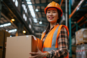 A smiling Asian female worker wearing safety clothes holding a box in a modern warehouse, fulfilment center logistics facility or factory
