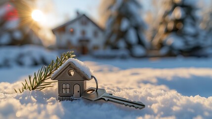 Key with house shaped keychain. Modern country private house with winter snowy garden on the background 