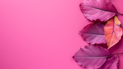 Autumn Leaves in Shades of Purple and Pink on a Vibrant Magenta Background