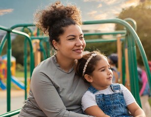 Mom at a playground with daughter. Family outdoor play. Woman at the park with kids. Mom with messy bun and no makeup, real life.