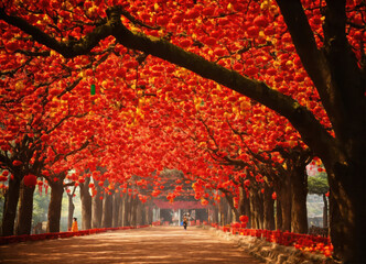 Greeting card in red colors before the Chinese New Year celebration day. Alley of red flower trees, albizia julibrissin