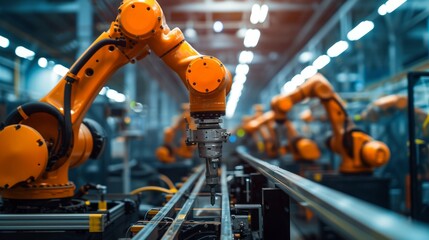 Mechanized industry robot and robotic arms for assembly in factory production . Concept of artificial intelligence for industrial revolution and automation manufacturing process . - obrazy, fototapety, plakaty