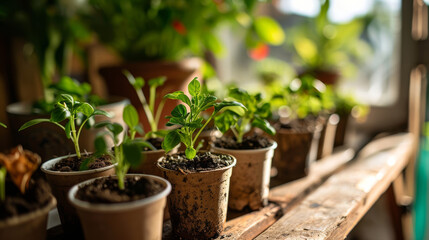 Sprouts, Sprouts of different plants in brown peat pots