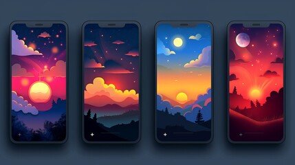 Set of morning, day, evening and night sky illustration with sun, clouds, moon and stars, sunset and sunrise. Weather app screen, mobile interface design 