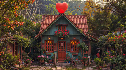 A cozy, cobalt blue cottage with a vibrant, ruby red balloon floating above it, casting a warm glow on the surrounding landscape. Saint Valentine's Day Concept


