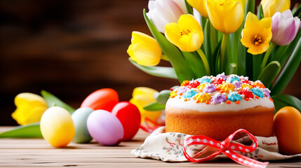 Fototapeta na wymiar Easter cake with colorful eggs and tulips on blurred wooden background. Selective focus. Greeting card on an Easter theme. Happy Easter concept.