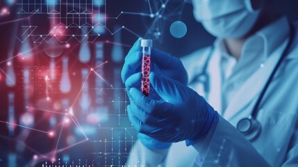 Scientist Showcasing Pharmaceutical Research with Testing Tubes, DNA Genome Sequencing, and Biotechnology. Wide Banner Featuring Holographic Imagery of Blood Cells and Virus Cure Disco