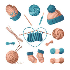 ools for hand knitting and knitted things: hat, mittens, socks - a set of isolated objects on a white background. Vector illustration. Handmade. Hand drawing, not AI