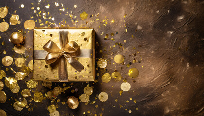 top view of a golden wrapped present with a beautiful bow on a rustic old table with lots of confetti