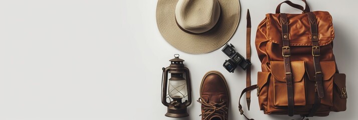 Vintage adventurer essential gear flat lay. Hat, backpack, film camera, gas lamp and boots on white background isolated. Minimal style hiking concept. Wanderlust vibes. - obrazy, fototapety, plakaty