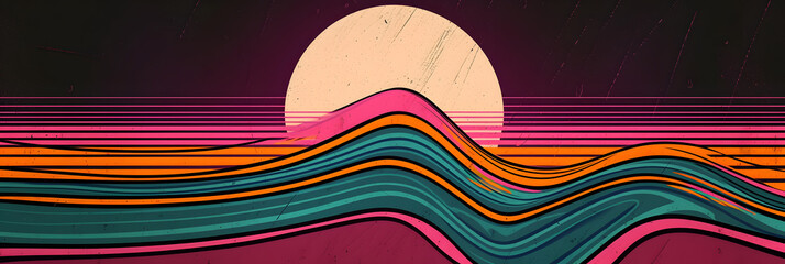 Vibrant VHS style orange pink teal white psychedelic grainy gradient color flow wave on black background, music cover dance party poster design. Retro Colors from the 1970s 1980s, 70s, 80s, 90s style