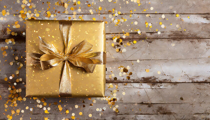 top view of a golden wrapped present with bow on a rustic old table with confetti