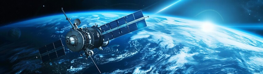 Futuristic Telecommunication Satellite Enabling Global Online, Internet, and GPS Services. A Banner Featuring Advanced Technology Hologram Data Around the Earth's Globe in Space Orbit