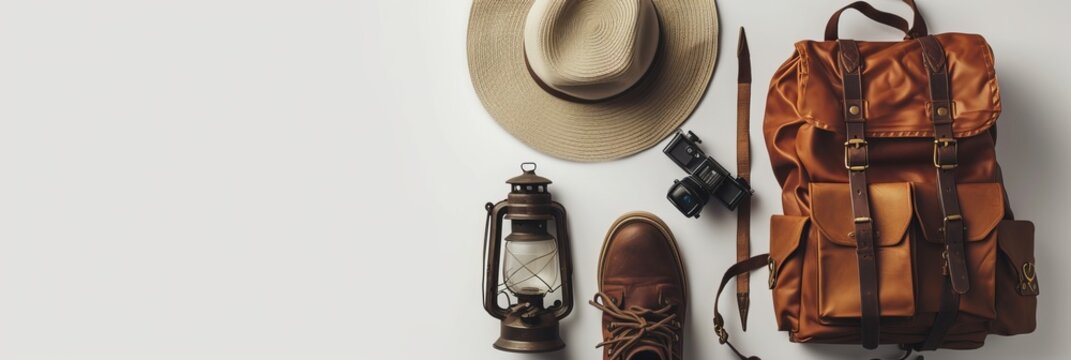 Vintage adventurer essential gear flat lay. Hat, backpack, film camera, gas lamp and boots on white background isolated. Minimal style hiking concept. Wanderlust vibes.