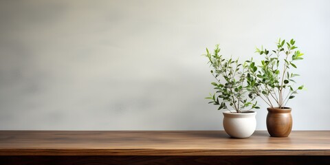 Wood Table and small plant in the foreground in the minimal interior room,