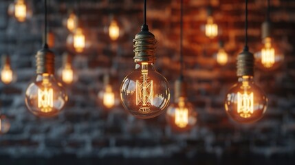 Old vintage light bulbs against a brick wall. Generated AI