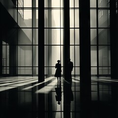Black and white photorealist photograph of a man and a woman in a cavernous, dark ultramodern apartment building lobby, film noir vibe. From the series “Art Film - Black and White," "Interiors."