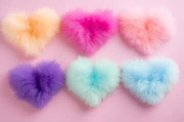 Colorful pastel furry hearts pattern on pastel background