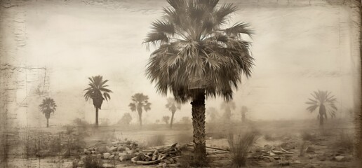 Damaged sepia photograph of palm trees in the desert, in the style of wet plate collodion, blurred dirty image. From the series “Terminal Beach," "Tropicana."