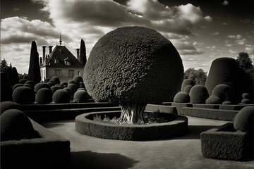 Outdoor black and white airbrushed photograph of a topiary garden with a grand house in the background, cloudy sky, dramatic light and shadow. From the series “Abstract Noir," "Arcs Circles Grids."