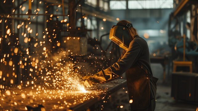 Woman focused welding an angle grinder working on metal filling the workshop with sparks