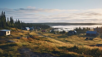 Wide angle outdoor color photograph of a small town in the Canadian arctic in summer, cheap poor housing and gravel roads with a lake and distant pine forests. From the series “Quest."