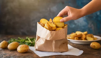Foto op Aluminium Hand grabbing potato snack from paper bag © Micaela