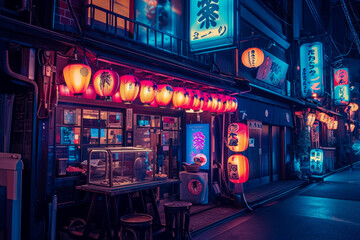 A Japanese street at night with neon lights and a sushi restaurant