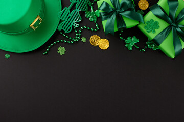 Irish elegance unveiled: Gifted celebrations on St. Paddy's. Top view photo of gift boxes,...
