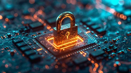 Fotobehang Golden padlock illuminated digital circuit board with orange and green neon glow light, symbolize data privacy and data security, cybersecurity concept technology background. © Muhammad