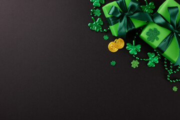 Leprechaun's treasures: Joyful revelry on St. Patrick's Day. Top view shot of gift boxes, trefoils,...
