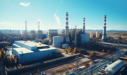 Industrial landscape, with Traditional thermal power plant generating heat, producing steam and smog. Environmental concept