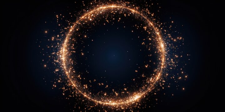 Indigo glitter circle of light shine sparkles and rose gold spark particles in circle frame 