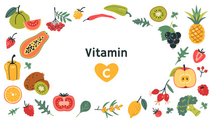 Frame with best sources of vitamin C foods, cartoon style. Fruits, berries and vegetables set. Natural antioxidant products, immune support. Isolated vector illustration, hand drawn, flat